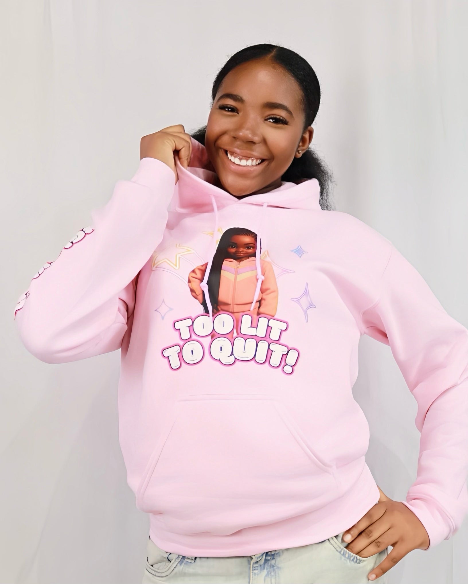 Bubblegum Tracksuit Girl Hoodie – “Too Lit to Quit”