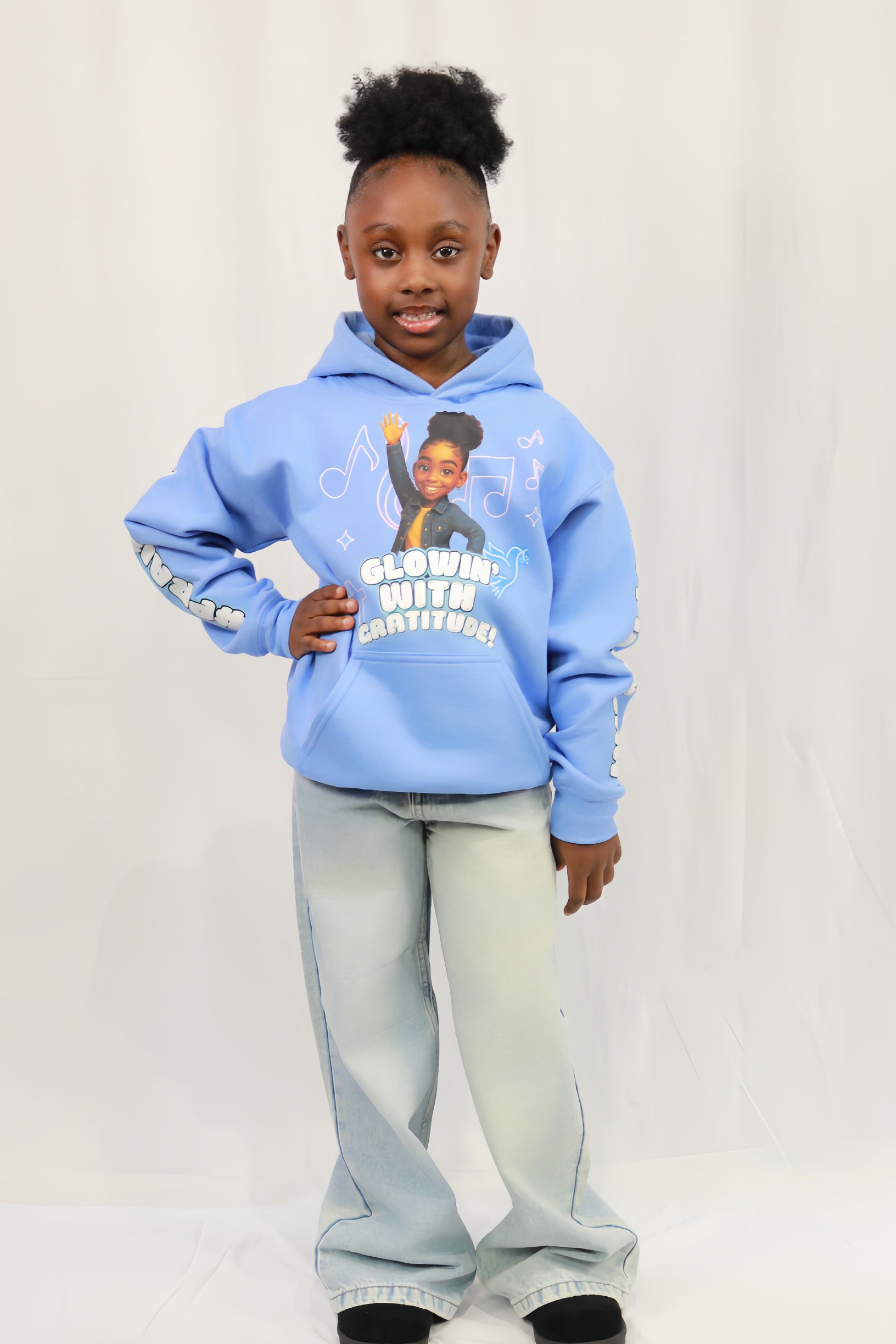 Denim Praise Girl Hoodie – “Glowin’ with Gratitude”