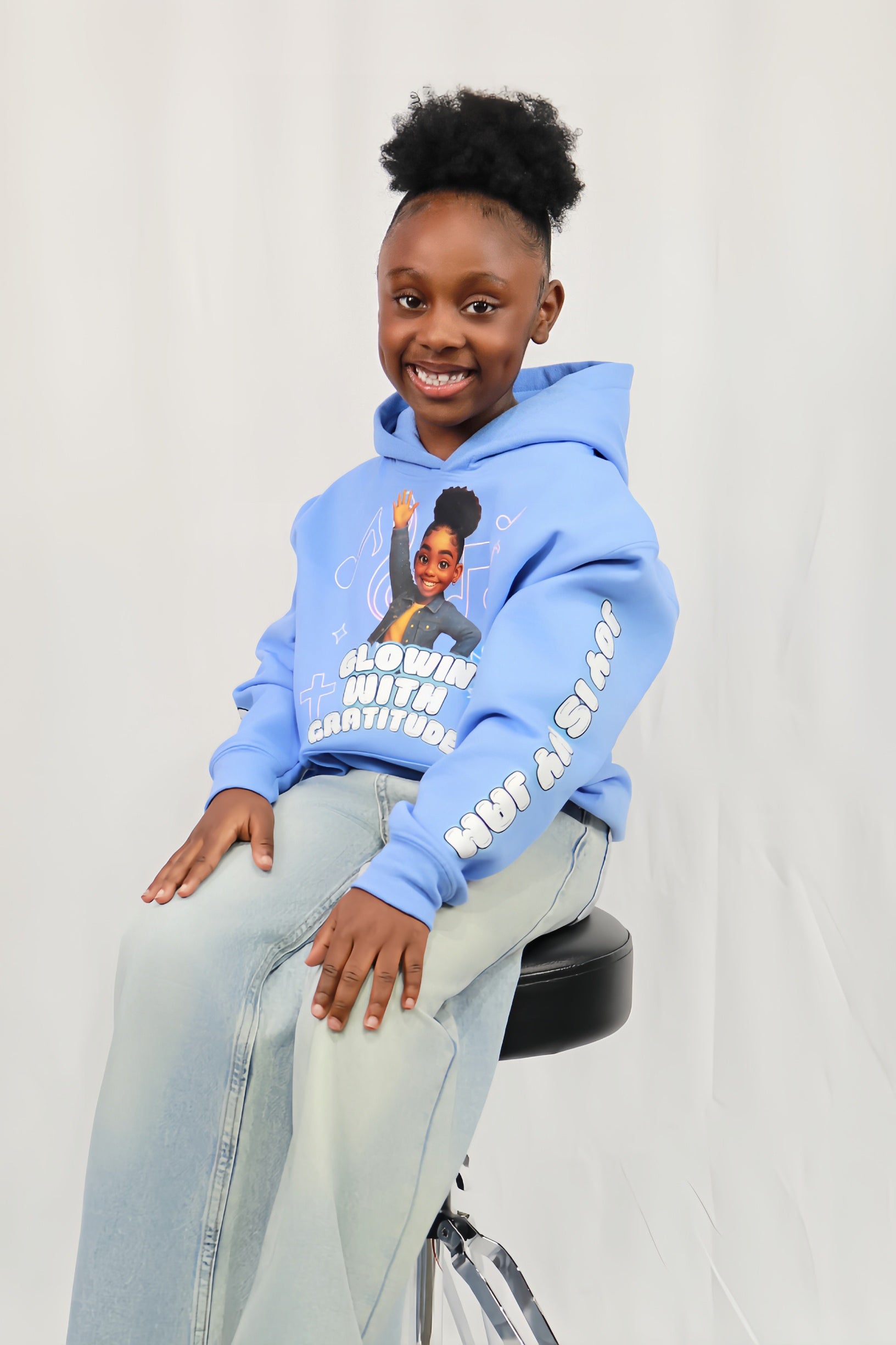 Denim Praise Girl Hoodie – “Glowin’ with Gratitude”