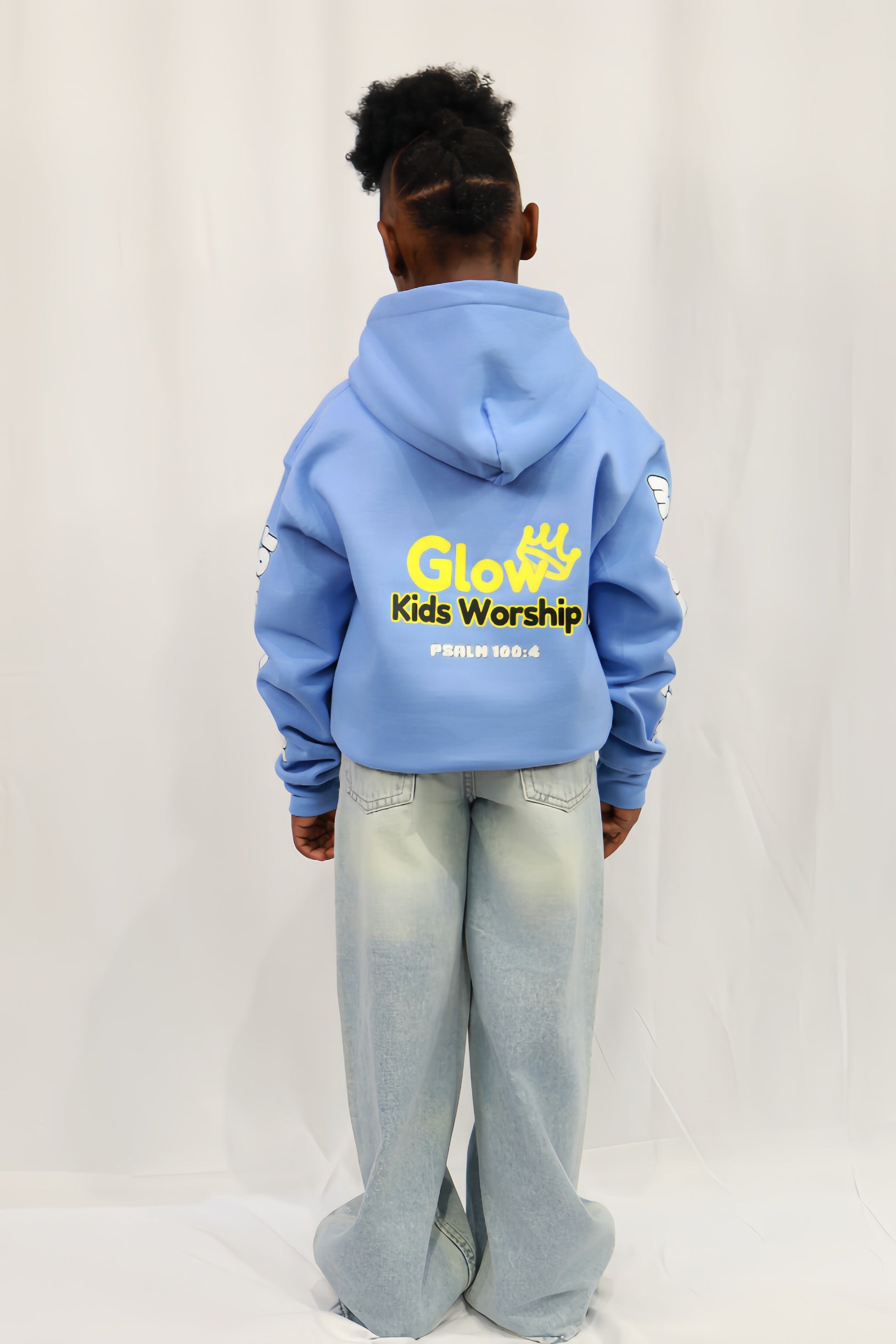 Denim Praise Girl Hoodie – “Glowin’ with Gratitude”