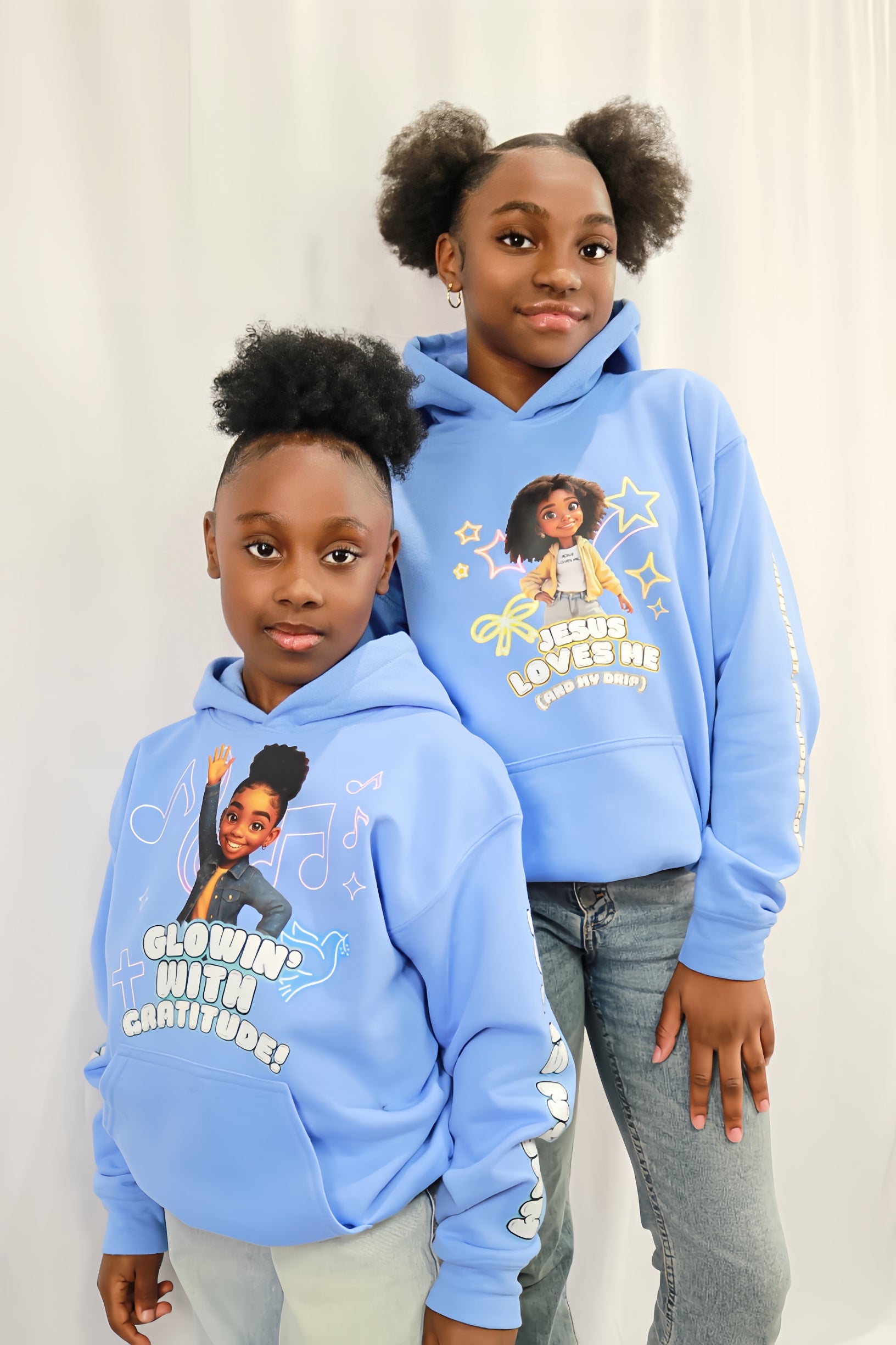 Denim Praise Girl Hoodie – “Glowin’ with Gratitude”